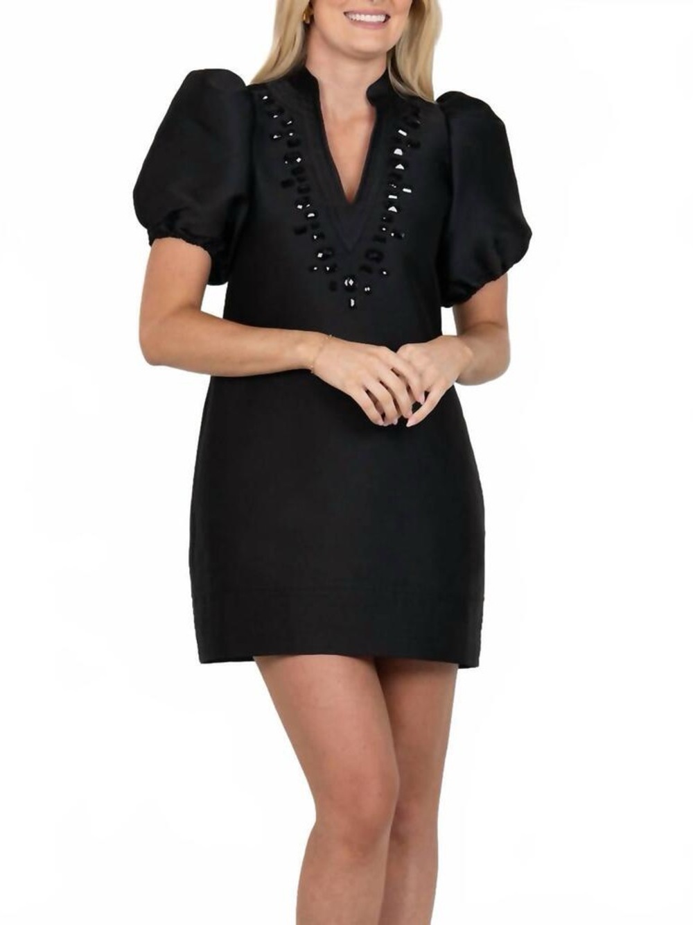 Black Puff-Sleeve Mini Dress with Embellished V-Neck-Midnight